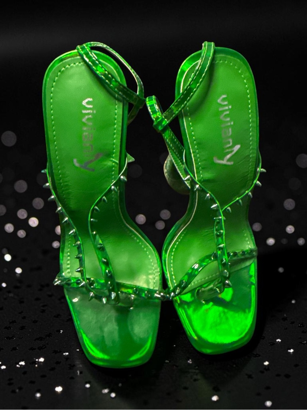 Vivianly Bright Green Studded Strappy Heels - Women Shoes